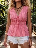 Elorivane Light Pink Striped Cap Sleeve Waist-Cinching Bowknot Blouse Summer - Image 5