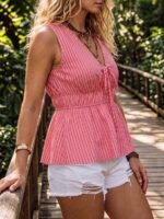 Elorivane Light Pink Striped Cap Sleeve Waist-Cinching Bowknot Blouse Summer - Image 6