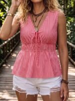 Elorivane Light Pink Striped Cap Sleeve Waist-Cinching Bowknot Blouse Summer - Image 7