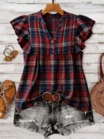 Elorivane Plus Size Women's Retro Red Plaid Flutter Sleeve Blouse Summer