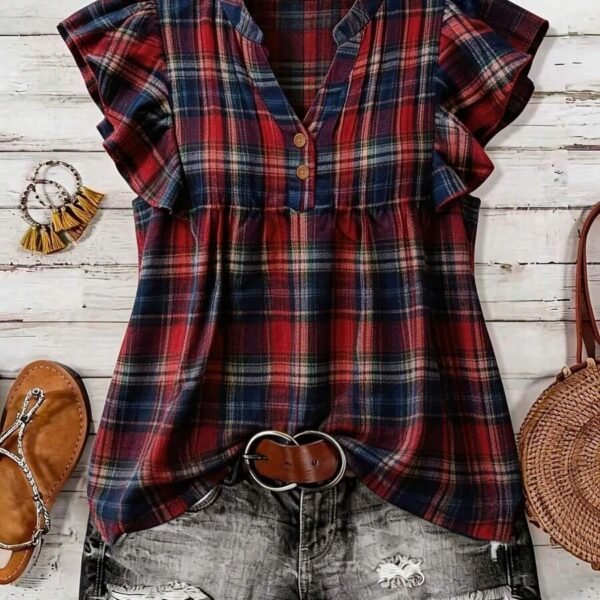 Elorivane Plus Size Women's Retro Red Plaid Flutter Sleeve Blouse Summer