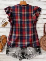 Elorivane Plus Size Women's Retro Red Plaid Flutter Sleeve Blouse Summer - Image 2