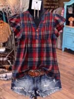 Elorivane Plus Size Women's Retro Red Plaid Flutter Sleeve Blouse Summer - Image 3