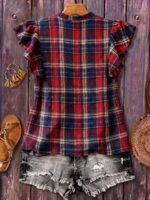 Elorivane Plus Size Women's Retro Red Plaid Flutter Sleeve Blouse Summer - Image 4