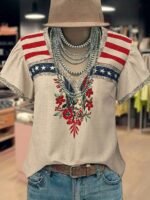 Elorivane Plus Size Women's Grey Star Stripe Flag Embroidered Blouse, 1960s American Western Vintage Floral V-Neck Ruffle Sleeve Loose Patriotic Summer Casual Top - Image 3