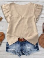 Elorivane Plus Size Women's Grey Star Stripe Flag Embroidered Blouse, 1960s American Western Vintage Floral V-Neck Ruffle Sleeve Loose Patriotic Summer Casual Top - Image 2
