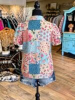 Elorivane Plus Size Women's Beige Vintage Boho Floral Print Short Sleeve Shirt, Summer Vacation & Wedding Guest Blouse - Image 2