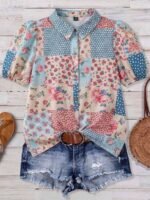 Elorivane Plus Size Women's Beige Vintage Boho Floral Print Short Sleeve Shirt, Summer Vacation & Wedding Guest Blouse - Image 3