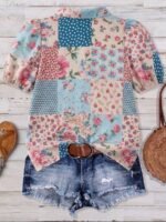 Elorivane Plus Size Women's Beige Vintage Boho Floral Print Short Sleeve Shirt, Summer Vacation & Wedding Guest Blouse - Image 4