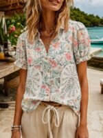 Elorivane Plus Size Women's Vintage Paisley Floral Short Sleeve Shirt, Lapel Puff Sleeve Single-Breasted Loose Straight Fit Bohemian Vacation Blouse - Image 6