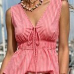 Elorivane Light Pink Striped Cap Sleeve Waist-Cinching Bowknot Blouse Summer