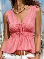 Elorivane Light Pink Striped Cap Sleeve Waist-Cinching Bowknot Blouse Summer