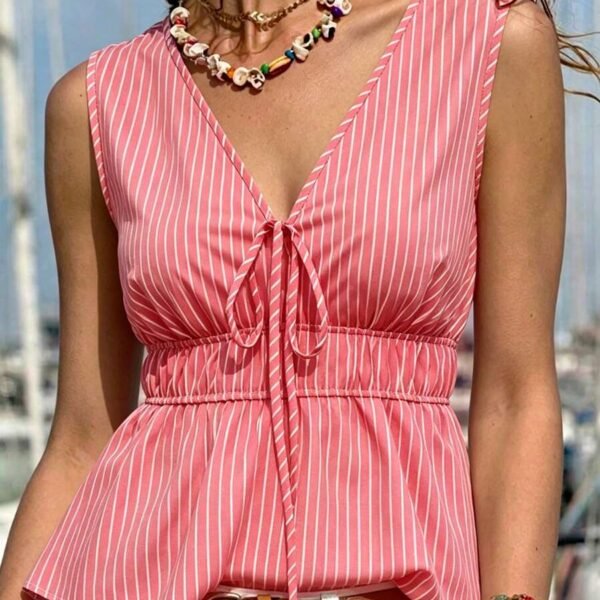 Elorivane Light Pink Striped Cap Sleeve Waist-Cinching Bowknot Blouse Summer