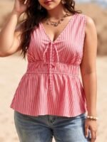 Elorivane Light Pink Striped Cap Sleeve Waist-Cinching Bowknot Blouse Summer - Image 3