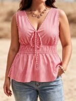 Elorivane Light Pink Striped Cap Sleeve Waist-Cinching Bowknot Blouse Summer - Image 9