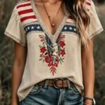 Elorivane Plus Size Women's Grey Star Stripe Flag Embroidered Blouse, 1960s American Western Vintage Floral V-Neck Ruffle Sleeve Loose Patriotic Summer Casual Top
