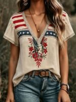 Elorivane Plus Size Women's Grey Star Stripe Flag Embroidered Blouse, 1960s American Western Vintage Floral V-Neck Ruffle Sleeve Loose Patriotic Summer Casual Top