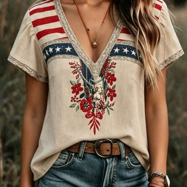 Elorivane Plus Size Women's Grey Star Stripe Flag Embroidered Blouse, 1960s American Western Vintage Floral V-Neck Ruffle Sleeve Loose Patriotic Summer Casual Top