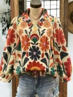 Elorivane Plus Size Women's Beige Retro Floral Print Shirt, Heat-Set Collar Ruched Trim with Chest Pleats, Casual Boho Minimalist Autumn Top for Vacation Wear