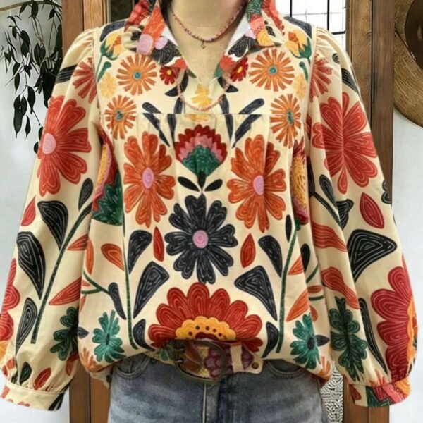 Elorivane Plus Size Women's Beige Retro Floral Print Shirt, Heat-Set Collar Ruched Trim with Chest Pleats, Casual Boho Minimalist Autumn Top for Vacation Wear