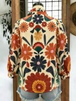 Elorivane Plus Size Women's Beige Retro Floral Print Shirt, Heat-Set Collar Ruched Trim with Chest Pleats, Casual Boho Minimalist Autumn Top for Vacation Wear - Image 2
