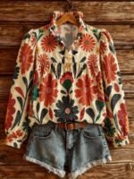 Elorivane Plus Size Women's Beige Retro Floral Print Shirt, Heat-Set Collar Ruched Trim with Chest Pleats, Casual Boho Minimalist Autumn Top for Vacation Wear - Image 3