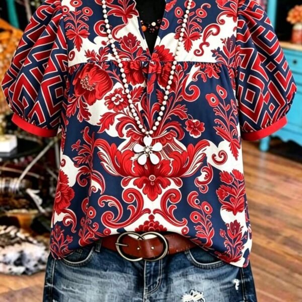 Elorivane Plus Size Women's Navy Blue Boho Print Blouse, Puff Sleeve V-Neck Vintage Casual Top for Spring Summer Vacation & Holiday Outfits