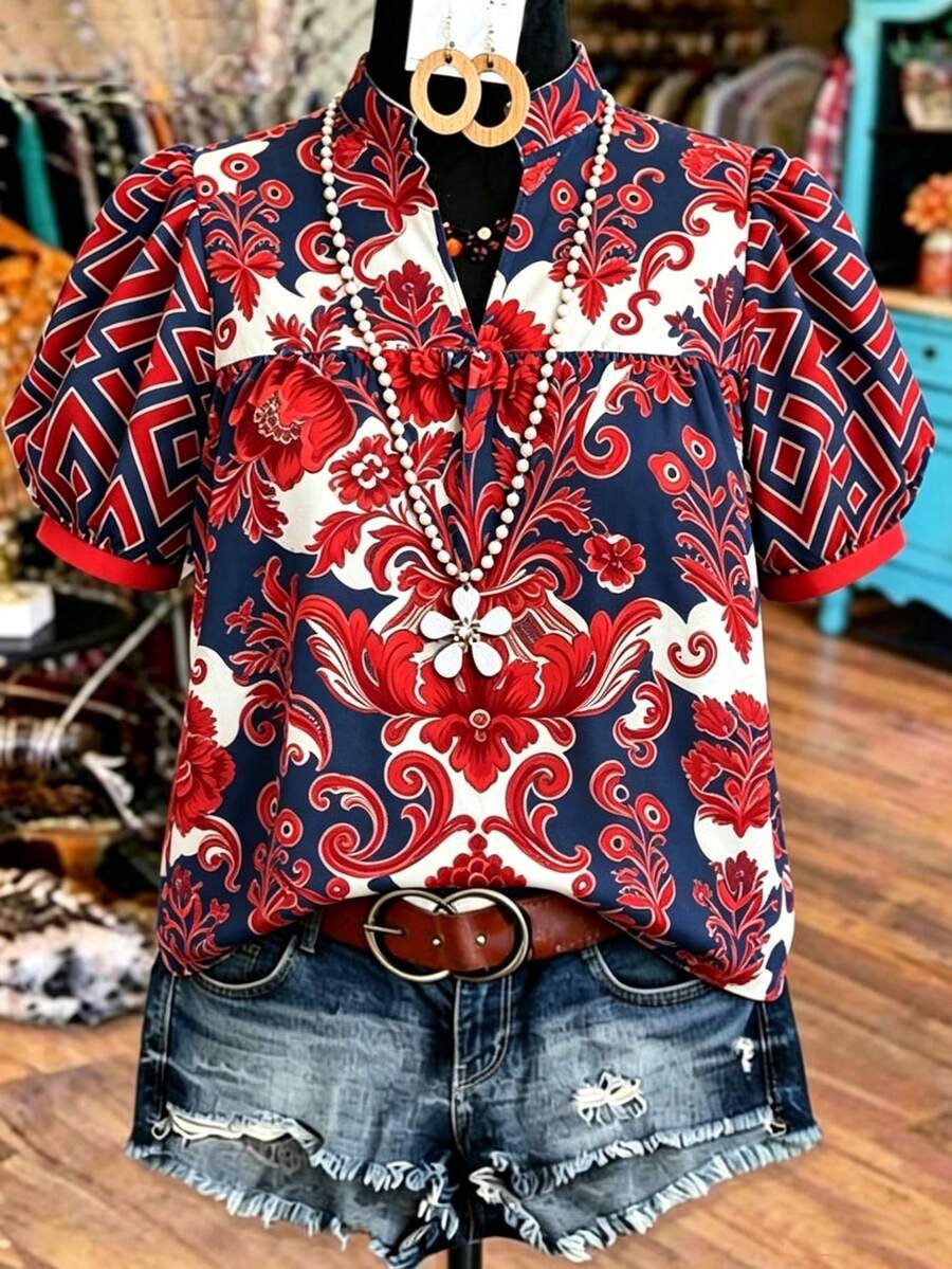 17821294418a85eaf38dcae648fda58b75e5b89b09_thumbnail_900x Elorivane Plus Size Women's Navy Blue Boho Print Blouse, Puff Sleeve V-Neck Vintage Casual Top for Spring Summer Vacation & Holiday Outfits - Image 1