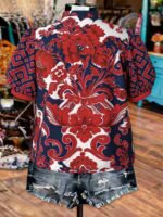 Elorivane Plus Size Women's Navy Blue Boho Print Blouse, Puff Sleeve V-Neck Vintage Casual Top for Spring Summer Vacation & Holiday Outfits - Image 2