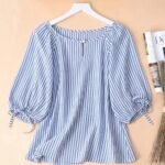 Elorivane Blue White Tropical Print Bow Cuff Cat Eye Button Short Sleeve Blouse Summer