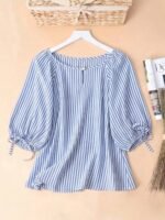 Elorivane Blue White Tropical Print Bow Cuff Cat Eye Button Short Sleeve Blouse Summer