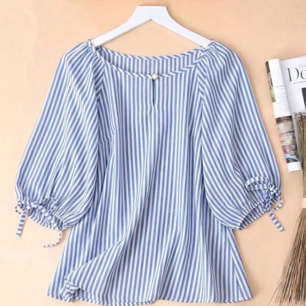 Elorivane Blue White Tropical Print Bow Cuff Cat Eye Button Short Sleeve Blouse Summer