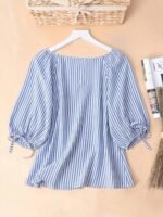Elorivane Blue White Tropical Print Bow Cuff Cat Eye Button Short Sleeve Blouse Summer - Image 2