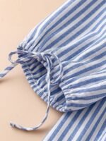 Elorivane Blue White Tropical Print Bow Cuff Cat Eye Button Short Sleeve Blouse Summer - Image 4