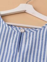 Elorivane Blue White Tropical Print Bow Cuff Cat Eye Button Short Sleeve Blouse Summer - Image 5