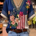 Elorivane Plus Size Women's Navy Blue Independence Day Print V-Neck Faux Embroidery Shirt, Soft Casual Decent Top for Summer Beach & Vacation