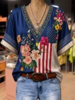 Elorivane Plus Size Women's Navy Blue Independence Day Print V-Neck Faux Embroidery Shirt, Soft Casual Decent Top for Summer Beach & Vacation