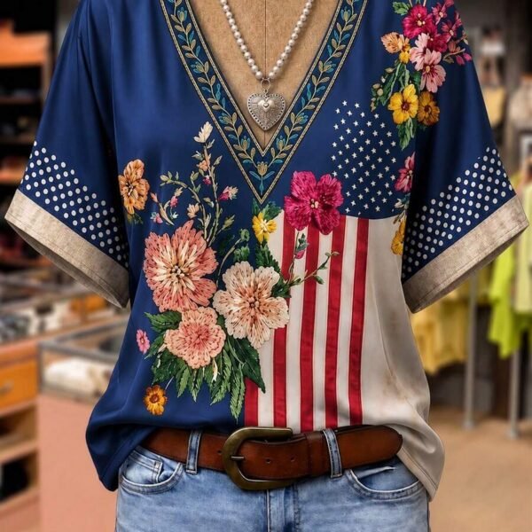 Elorivane Plus Size Women's Navy Blue Independence Day Print V-Neck Faux Embroidery Shirt, Soft Casual Decent Top for Summer Beach & Vacation