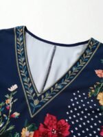 Elorivane Plus Size Women's Navy Blue Independence Day Print V-Neck Faux Embroidery Shirt, Soft Casual Decent Top for Summer Beach & Vacation - Image 4