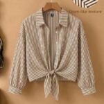Elorivane Plus Size Women's Brown Tie-Front Shirt, Elegant Commute & Formal Autumn Top