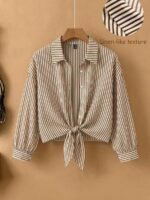 Elorivane Plus Size Women's Brown Tie-Front Shirt, Elegant Commute & Formal Autumn Top