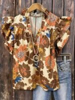 Elorivane Plus Size Women's Pleated V-Neck Floral Shirt, Flowing Sleeve Casual Blouse Ideal for Summer Vacation Outfits - Image 15