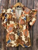 Elorivane Plus Size Women's Pleated V-Neck Floral Shirt, Flowing Sleeve Casual Blouse Ideal for Summer Vacation Outfits - Image 16