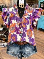 Elorivane Plus Size Women's Pleated V-Neck Floral Shirt, Flowing Sleeve Casual Blouse Ideal for Summer Vacation Outfits - Image 7