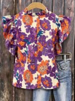 Elorivane Plus Size Women's Pleated V-Neck Floral Shirt, Flowing Sleeve Casual Blouse Ideal for Summer Vacation Outfits - Image 8