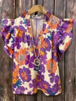 Elorivane Plus Size Women's Pleated V-Neck Floral Shirt, Flowing Sleeve Casual Blouse Ideal for Summer Vacation Outfits - Image 10