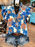 Elorivane Plus Size Women's Pleated V-Neck Floral Shirt, Flowing Sleeve Casual Blouse Ideal for Summer Vacation Outfits - Image 19