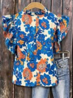 Elorivane Plus Size Women's Pleated V-Neck Floral Shirt, Flowing Sleeve Casual Blouse Ideal for Summer Vacation Outfits - Image 20