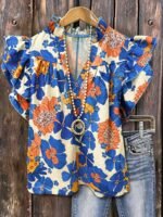 Elorivane Plus Size Women's Pleated V-Neck Floral Shirt, Flowing Sleeve Casual Blouse Ideal for Summer Vacation Outfits - Image 21