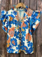 Elorivane Plus Size Women's Pleated V-Neck Floral Shirt, Flowing Sleeve Casual Blouse Ideal for Summer Vacation Outfits - Image 22